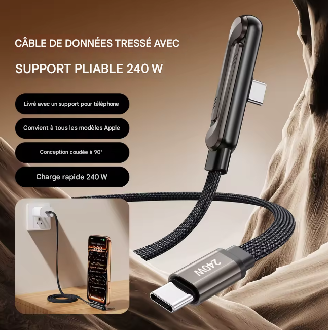 Câble 2-en-1 Recharge Rapide & Support Téléphone
